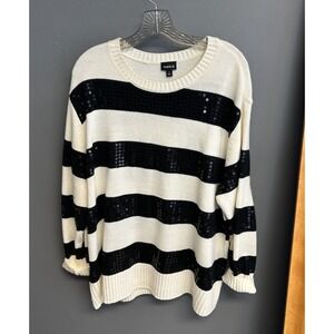 Torrid Womens Size 1 Plus Black White Striped Sequin Sweater Coastal Glam Knit